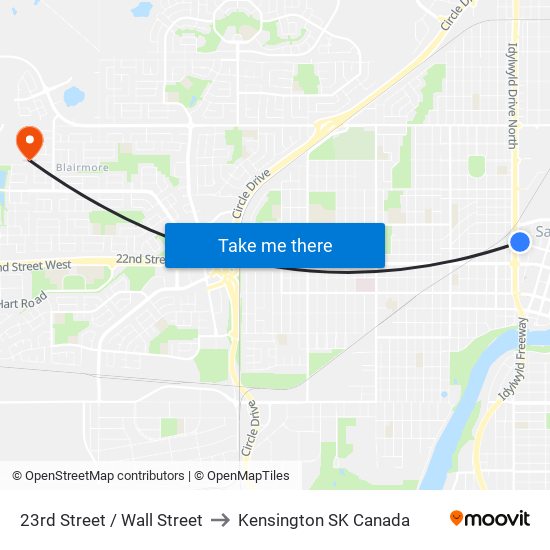 23rd Street / Wall Street to Kensington SK Canada map