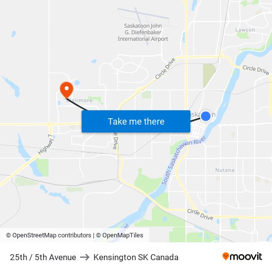 25th / 5th Avenue to Kensington SK Canada map