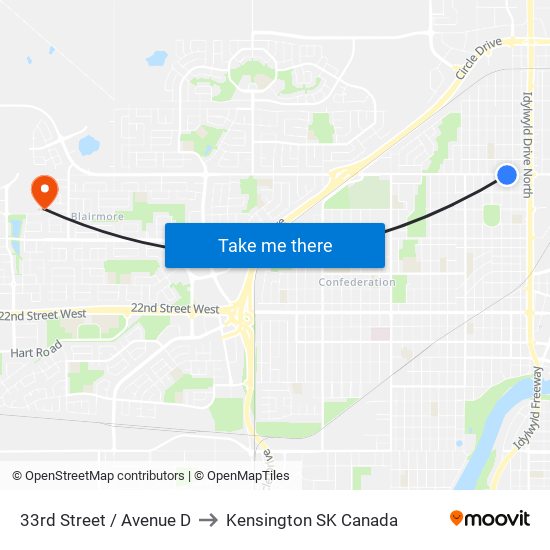 33rd Street / Avenue D to Kensington SK Canada map