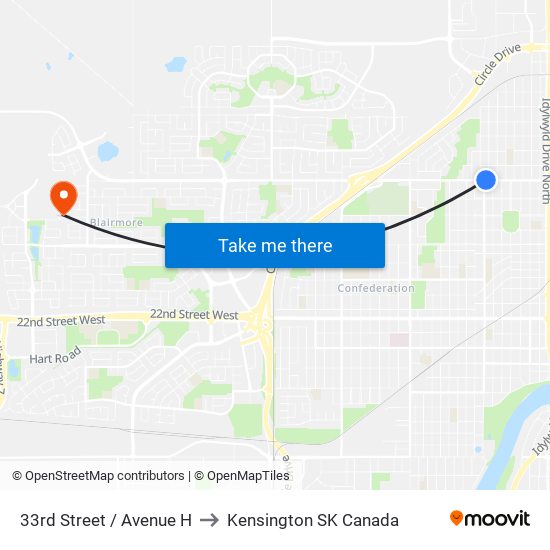 33rd Street / Avenue H to Kensington SK Canada map