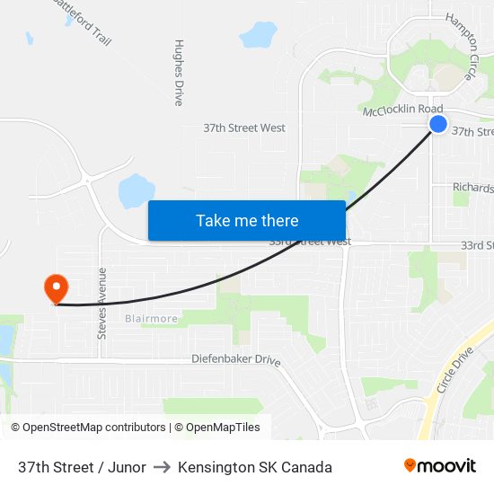 37th Street / Junor to Kensington SK Canada map