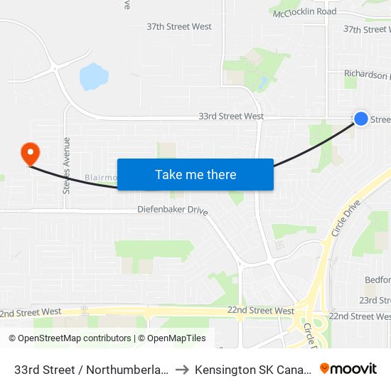 33rd Street / Northumberland to Kensington SK Canada map