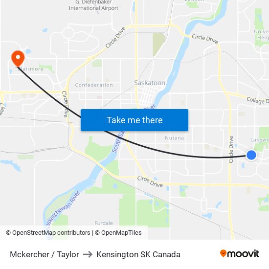 Mckercher / Taylor to Kensington SK Canada map