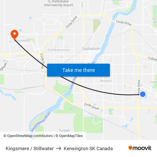 Kingsmere / Stillwater to Kensington SK Canada map