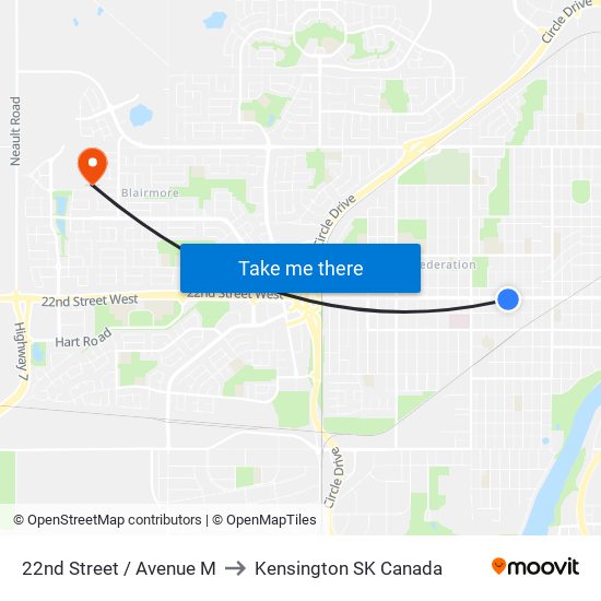 22nd Street / Avenue M to Kensington SK Canada map