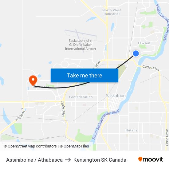 Assiniboine / Athabasca to Kensington SK Canada map