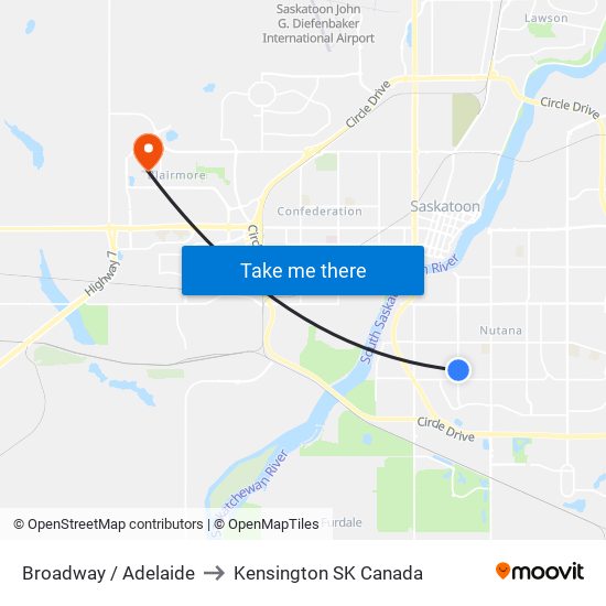 Broadway / Adelaide to Kensington SK Canada map