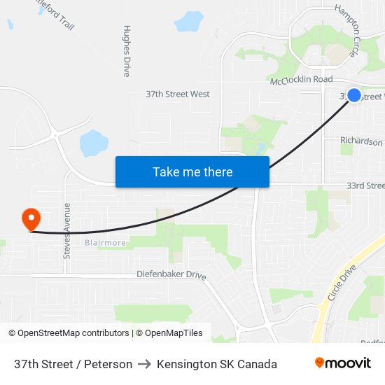 37th Street / Peterson to Kensington SK Canada map