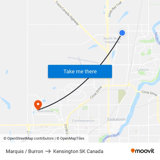 Marquis / Burron to Kensington SK Canada map