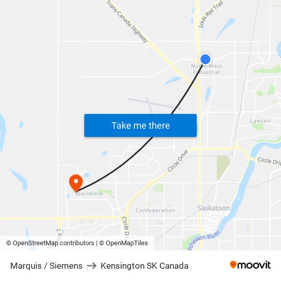 Marquis / Siemens to Kensington SK Canada map