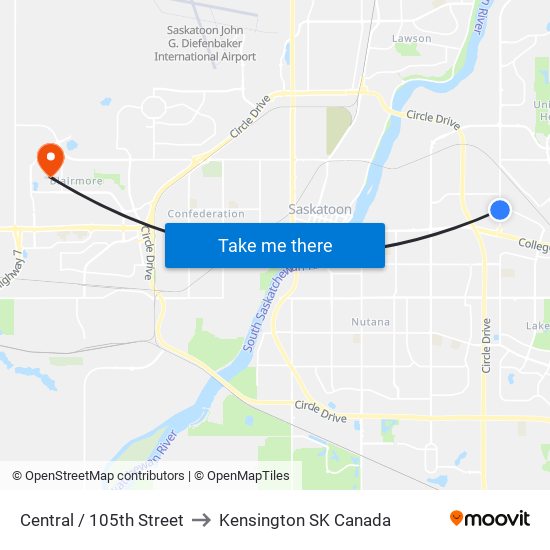 Central / 105th Street to Kensington SK Canada map