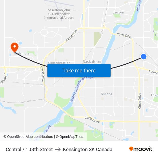Central / 108th Street to Kensington SK Canada map
