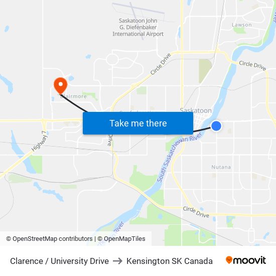 Clarence / University Drive to Kensington SK Canada map