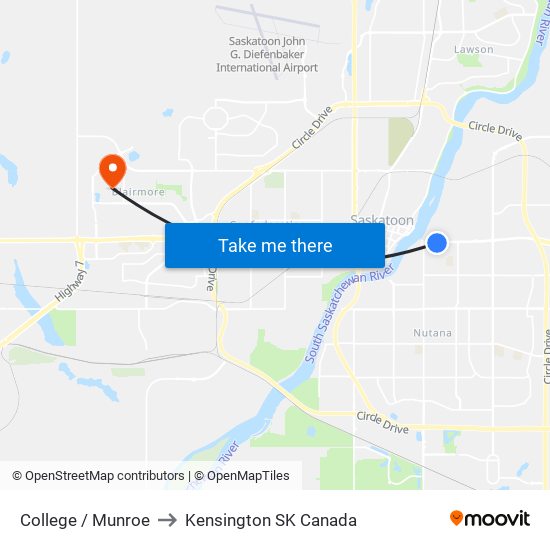 College / Munroe to Kensington SK Canada map