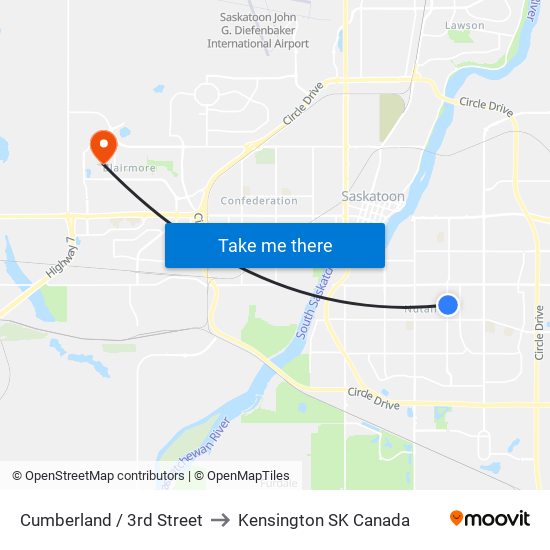 Cumberland / 3rd Street to Kensington SK Canada map