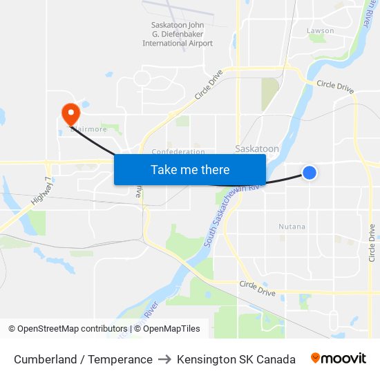 Cumberland / Temperance to Kensington SK Canada map