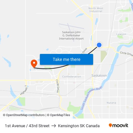 1st Avenue / 43rd Street to Kensington SK Canada map