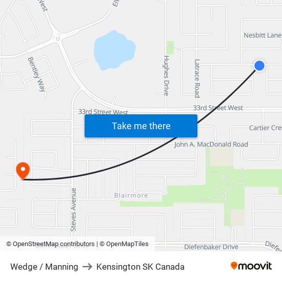 Wedge / Manning to Kensington SK Canada map
