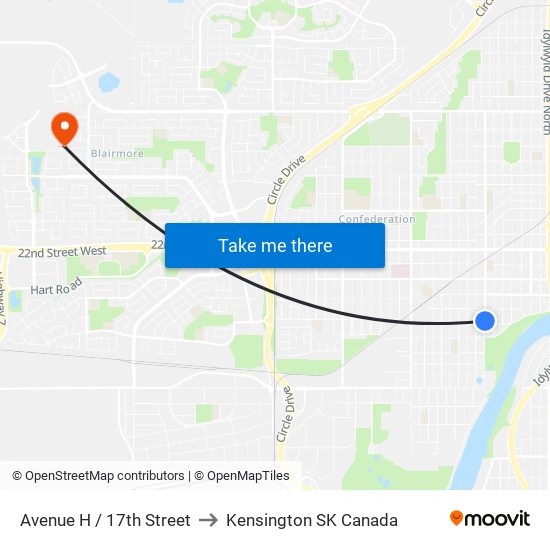 Avenue H / 17th Street to Kensington SK Canada map