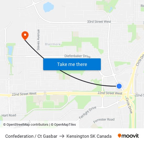 Confederation / Ct Gasbar to Kensington SK Canada map