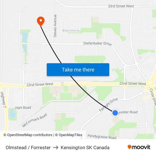 Olmstead / Forrester to Kensington SK Canada map