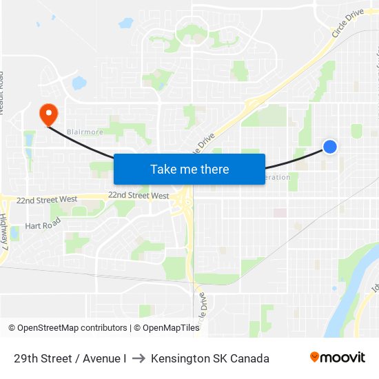 29th Street / Avenue I to Kensington SK Canada map