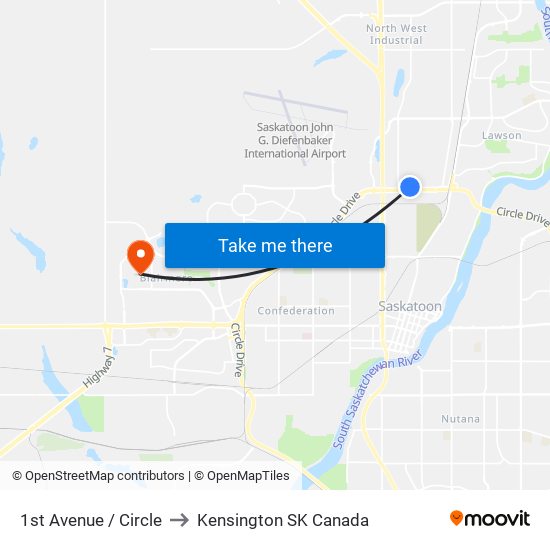 1st Avenue / Circle to Kensington SK Canada map