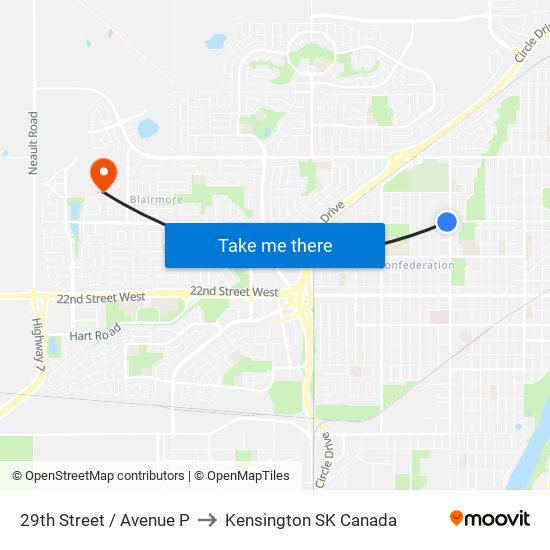 29th Street / Avenue P to Kensington SK Canada map