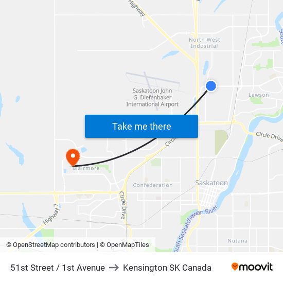 51st Street / 1st Avenue to Kensington SK Canada map