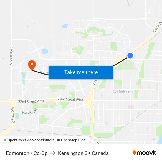 Edmonton / Co-Op to Kensington SK Canada map