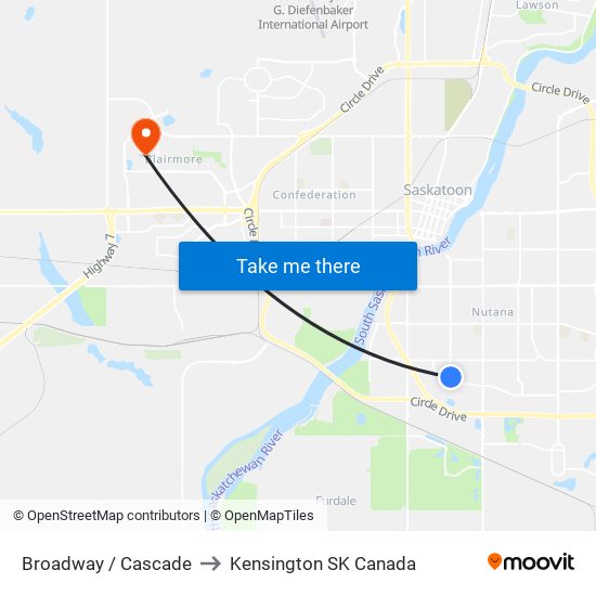 Broadway / Cascade to Kensington SK Canada map