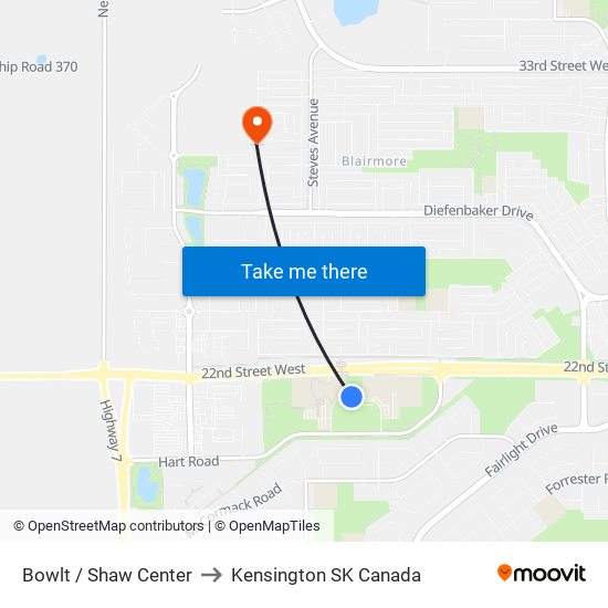 Bowlt / Shaw Center to Kensington SK Canada map