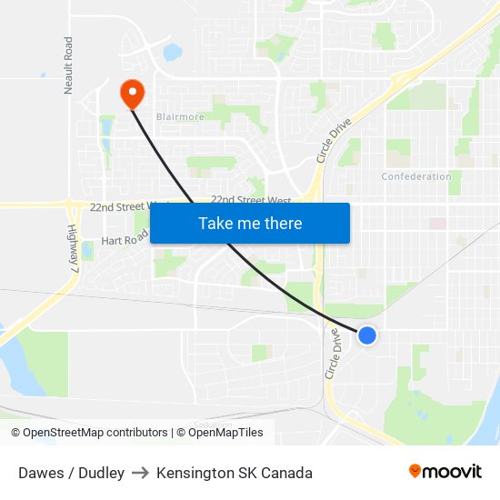 Dawes / Dudley to Kensington SK Canada map
