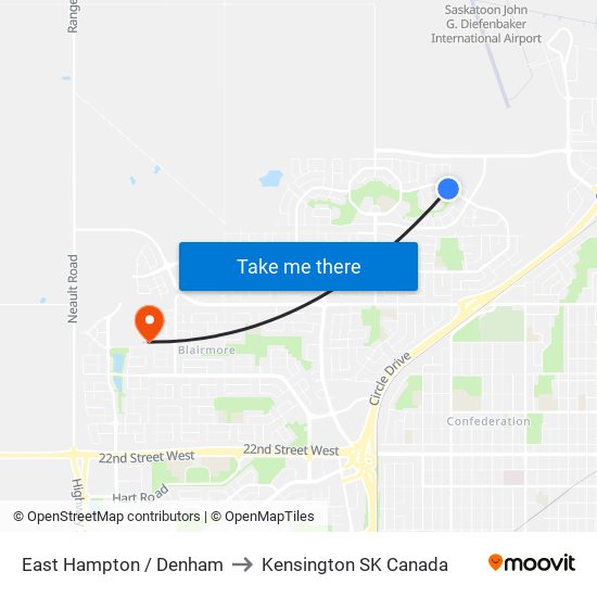 East Hampton / Denham to Kensington SK Canada map