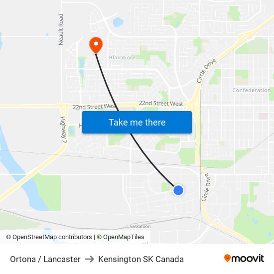 Ortona / Lancaster to Kensington SK Canada map