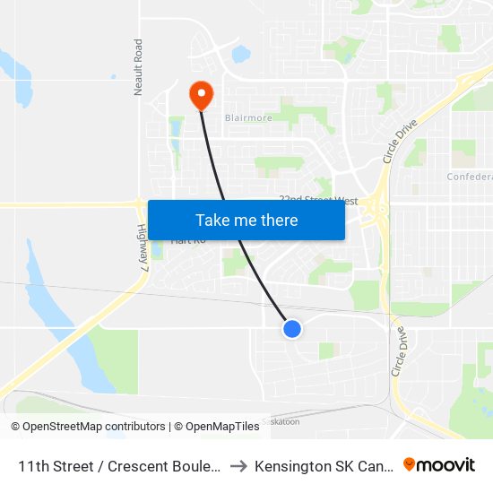 11th Street / Crescent Boulevard to Kensington SK Canada map