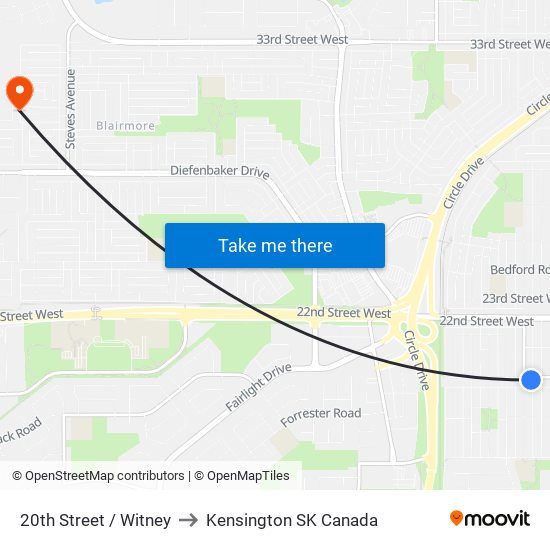 20th Street / Witney to Kensington SK Canada map