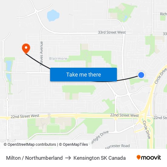 Milton / Northumberland to Kensington SK Canada map