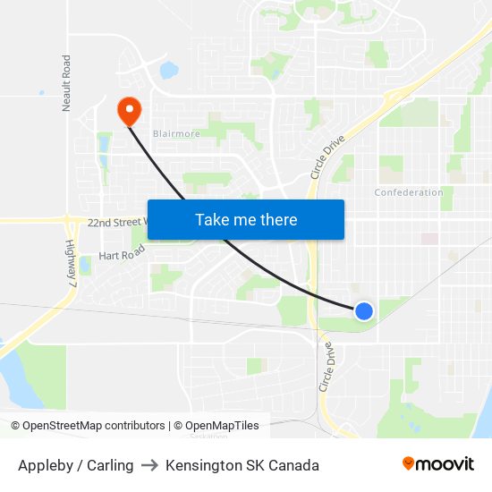 Appleby / Carling to Kensington SK Canada map