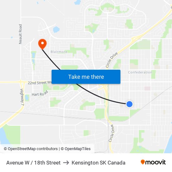 Avenue W / 18th Street to Kensington SK Canada map