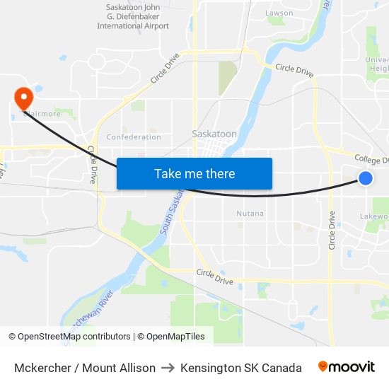Mckercher / Mount Allison to Kensington SK Canada map