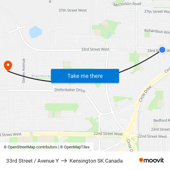 33rd Street / Avenue Y to Kensington SK Canada map