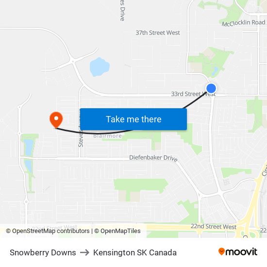 Snowberry Downs to Kensington SK Canada map