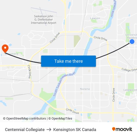 Centennial Collegiate to Kensington SK Canada map