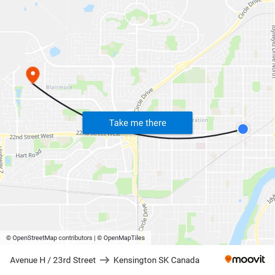 Avenue H / 23rd Street to Kensington SK Canada map