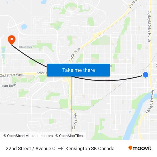22nd Street / Avenue C to Kensington SK Canada map