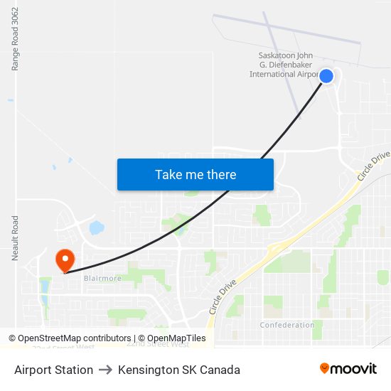 Airport Station to Kensington SK Canada map