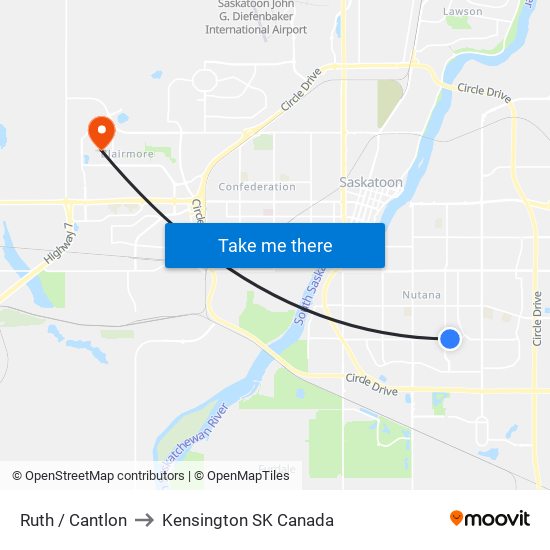 Ruth / Cantlon to Kensington SK Canada map