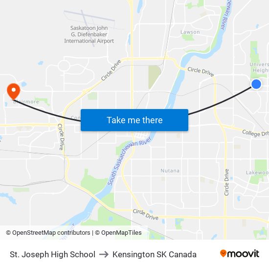 St. Joseph High School to Kensington SK Canada map