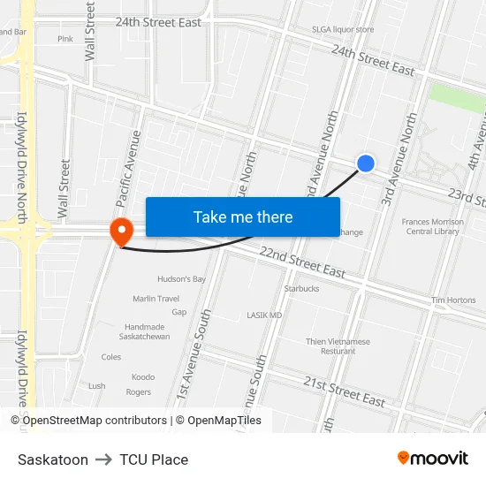 Saskatoon to TCU Place map